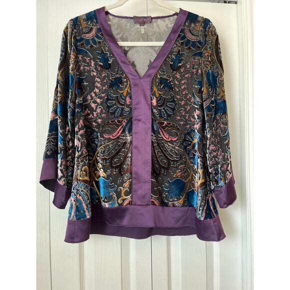 Hale Bob Tops - HALE BOB Daniella Burn Out Velvet and Silk Trim Blouse